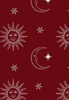 the sun, moon and stars are drawn in white ink on a red paper background