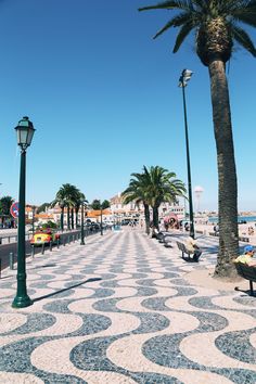 a street lined with palm trees next to the ocean and people sitting on benches under umbrellas