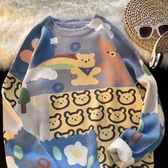 Korea Winter, Silly Clothes, Kawaii Bear, Japan Kawaii, Party Sweaters, Women Aesthetic, Bear Party, Harajuku Streetwear, Print Sweater