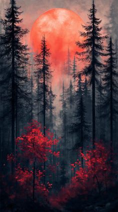 a painting of trees with the sun setting in the background and red leaves on them