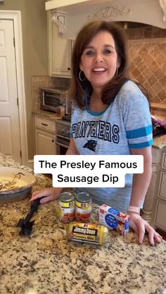 a woman standing in front of a kitchen counter with food on it and the caption reads, the presley famous sausage dip