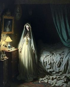 a painting of a woman in a white dress standing next to a bed