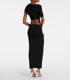 Le Haut Drapeado jersey crop top in black - Jacquemus | Mytheresa Jersey Crop Top, Spring Knitwear, Spring Sunglasses, Minimal Shoes, Midi Skirt Spring, Designer Shopping, Summer Swim Suits, Party Tops, Summer Accessories