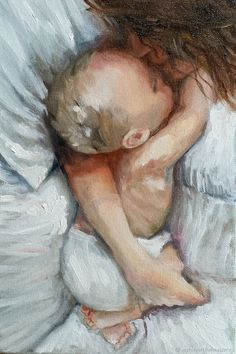 a painting of a woman holding a baby in her arms and sleeping on a bed