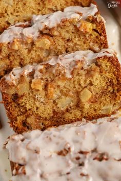 slices of banana bread with icing on a plate