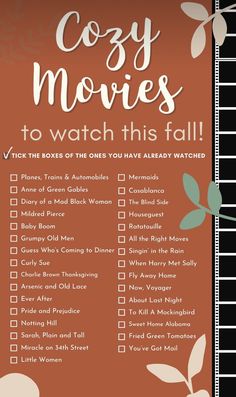 a poster with the words cozy movies to watch this fall and an image of leaves on it