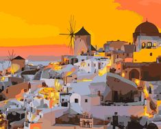 a painting of a city at sunset with windmills in the distance and buildings lit up