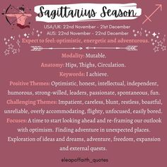 the zodiac sign for sagittatus season is shown in pink and white with stars