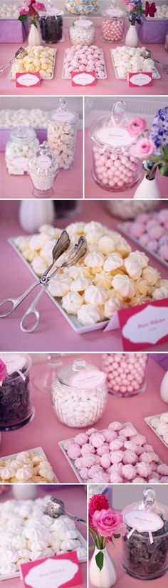 there are many different pictures of desserts on the table with pink and white decorations