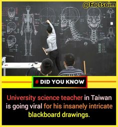 two men standing in front of a blackboard with drawings on it and the caption reads, did you know? university science teacher in taiwan is going virtual for his