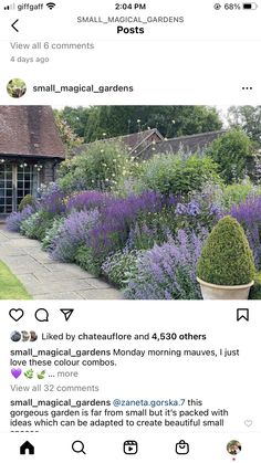 two screenshots showing different types of flowers and plants in front of a house