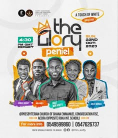 the glory peniel flyer with three men in black and white, one is wearing a tie