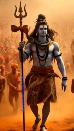 the god is walking with his staff in front of an audience