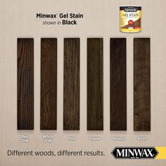 six different types of minwax gel stain shown in black and white or red oak