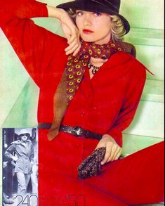 a woman in a red dress and hat is sitting on the stairs with her hand on her head