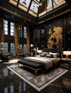 an elegant bedroom with black marble floors and walls, along with large windows that look out onto the city