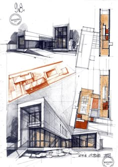 three drawings of different sections of a building, one showing the upper and lower floors