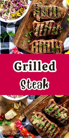 grilled steak on a cutting board with coleslaw and salad