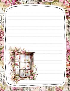 an old window with flowers on it and lined paper