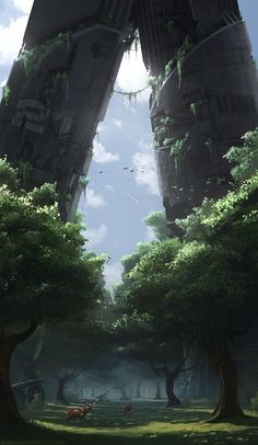 an image of a sci - fi city with trees and animals in the foreground