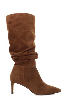 A slouchy shaft adds contemporary intrigue to a supple suede boot balanced by a pointy toe and tapered heel. 2 1/2" heel 14 3/4" shaft Pull-on style Leather upper/textile lining/synthetic sole Imported Dune London, Dark Tan, Suede Boots, Knee High Boots, Knee High, Womens Boots, Leather Upper, Nordstrom, London