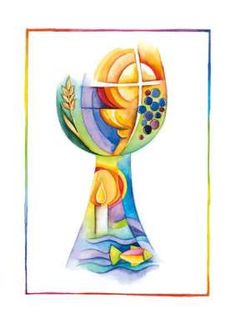 a watercolor painting of a chalice with an abstract design on it's side