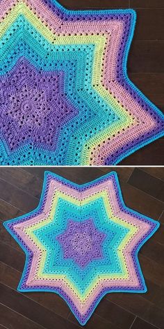 two pictures show the same crochet pattern as they appear to be made in different colors