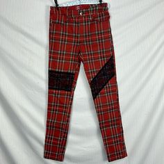 New With Tag 4tripp Red Plaid Lace Skinny Pants Color: Red/.Black / Yellow/Green/White Size: 5 Pockets In Front And In The Back Measures Approximately (Take Flat) Front Crotch :10” Back Crotch: 12” Length: 40 1/2” Inseam: 30 1/2” Waistline: 14” Please Check Size And Measurements Before Buying All Photos Were Taken By Me Except The Last One That Were Used To Show How The Item Fit Same Day Shipping Please Feel Free To Ask Any Question All Sales Are Final Thank You Red Punk Pants For Streetwear, Red Bottoms For Streetwear In Fall, Red Punk Style Pants For Streetwear, Stretch Cotton Punk Pants, Fitted Cotton Punk Pants, Edgy Plaid Bottoms For Fall, Red Fitted Streetwear Pants, Fitted Red Pants For Streetwear, Edgy Red Cotton Bottoms