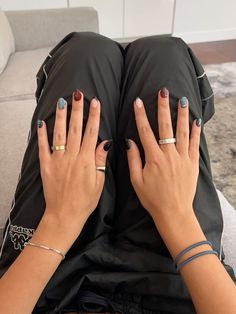 Mix And Match Nail Colors, Alana Galtieri Nails, Short Mismatched Nails, Wlw Nails, Cool Girl Nails, Mismatch Nails, Mismatched Nail Art, Mismatched Nails, Mix Match Nails