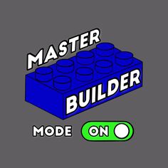 a blue lego block with the words master builder on it and an image of a green button