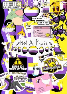 a collage of various stickers and decals on a purple, yellow, black and white background