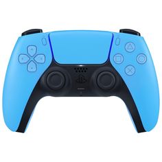 a close up of a blue controller on a white background