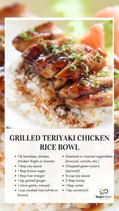 grilled teriyaki chicken rice bowl recipe on a white plate with text overlay