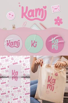 Kami - stationery brand identity Skincare Brand Logo Ideas, Kawaii Branding, Brand Manual Design, Cute Logo Ideas, Store Branding Design, Gift Shop Logo, Heart Branding, Brand Identity Template, Logo Pattern Design