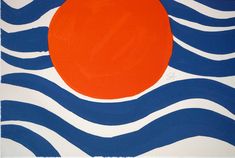 an orange circle is in the middle of some blue and white wavy water with waves