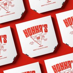 six pizza boxes with different logos on them, all printed in red and white paper