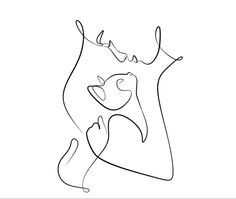 a continuous line drawing of a woman's face with her hands in the air