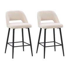 two white upholstered barstools with black legs and backrests against a white background