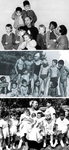 an old black and white photo shows people in bathing suits, children in swimsuits