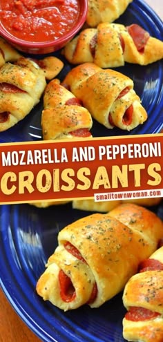 pizza stuffed crescent rolls are on a blue plate