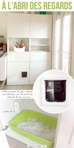 a kitchen with white cabinets and green trays filled with water in the center is an image of a microwave oven