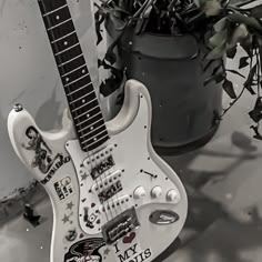 an electric guitar with pictures on it next to a potted plant in black and white