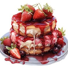 a cake with strawberries on top and drizzled with icing is sitting on a plate