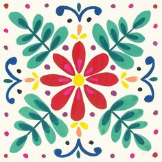 an image of a colorful flower design on a white surface with dots and lines in the background