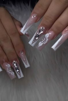 Quince Nails White And Silver, White Silver Nails Acrylic, French Tip With Crystals, White Quince Theme, Nail Inspo White French Tip, White Quince Nails, White And Silver Nails Acrylic, White Bling Acrylic Nails, White Bling Nails