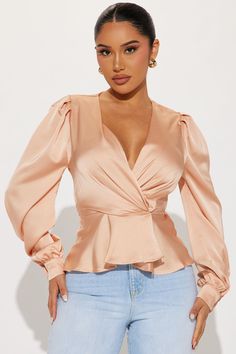 Linda Satin Peplum Blouse Top - Champagne | Fashion Nova Satin Tops Blouses Classy, Satin Tops Blouses, Purple Satin Blouse, Champagne Fashion, Fashion Nova Shirts, Keep Growing, Sassy Hair, Puff Long Sleeves, Peplum Blouse