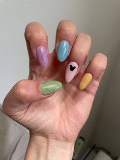 Disney World Nails Acrylic Almond, Disney Nails Acrylic Almond, Disney Nails Aesthetic, Disney Inspo Nails, Disney Nails Almond Shape, Kids Nails Design, Disney Almond Nails, Disney World Nails Acrylic, Rapunzel Inspired Nails