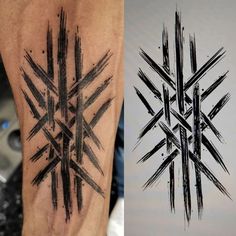 two different tattoos that are on the arm and one has an abstract design in black ink