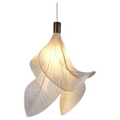 a white light hanging from a ceiling fixture with two leaves attached to the lightshade