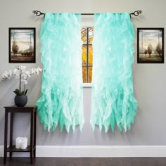 a room with two pictures on the wall and one has a blue feathered curtain